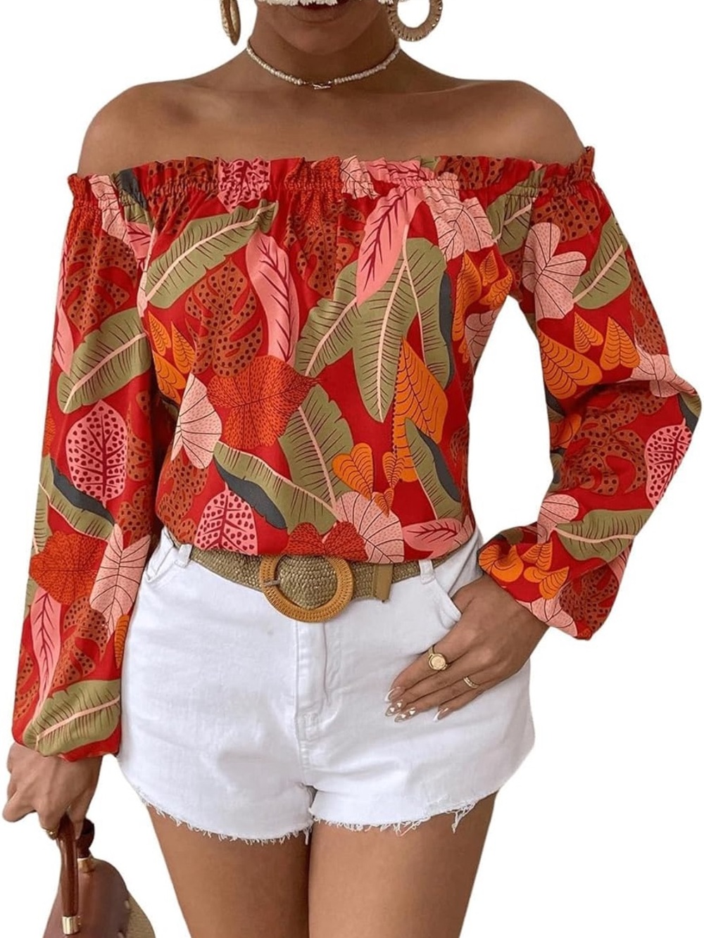 Off-Shoulder Red Tropical Print Women's Top